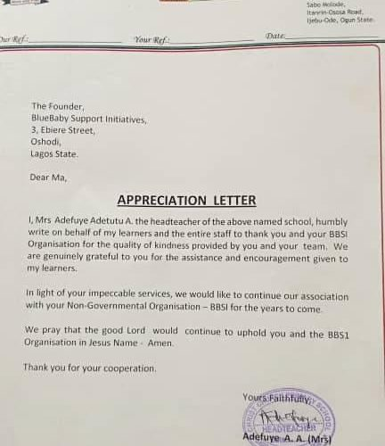 Appreciation Letter — a partner school in Ijebu-Ode, Ogun State